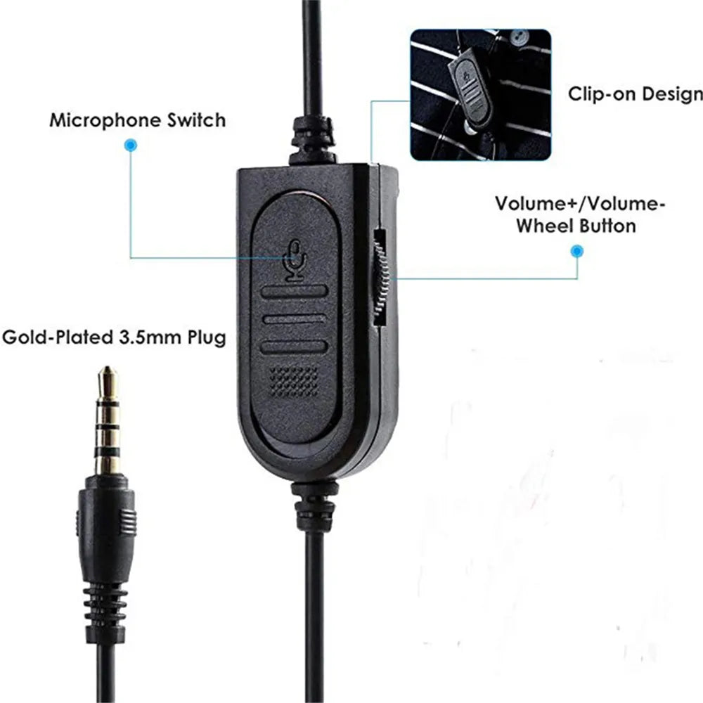 Black gaming headset wired remote with volume wheel, microphone mute switch, clip-on design and gold-plated 3.5mm plug.