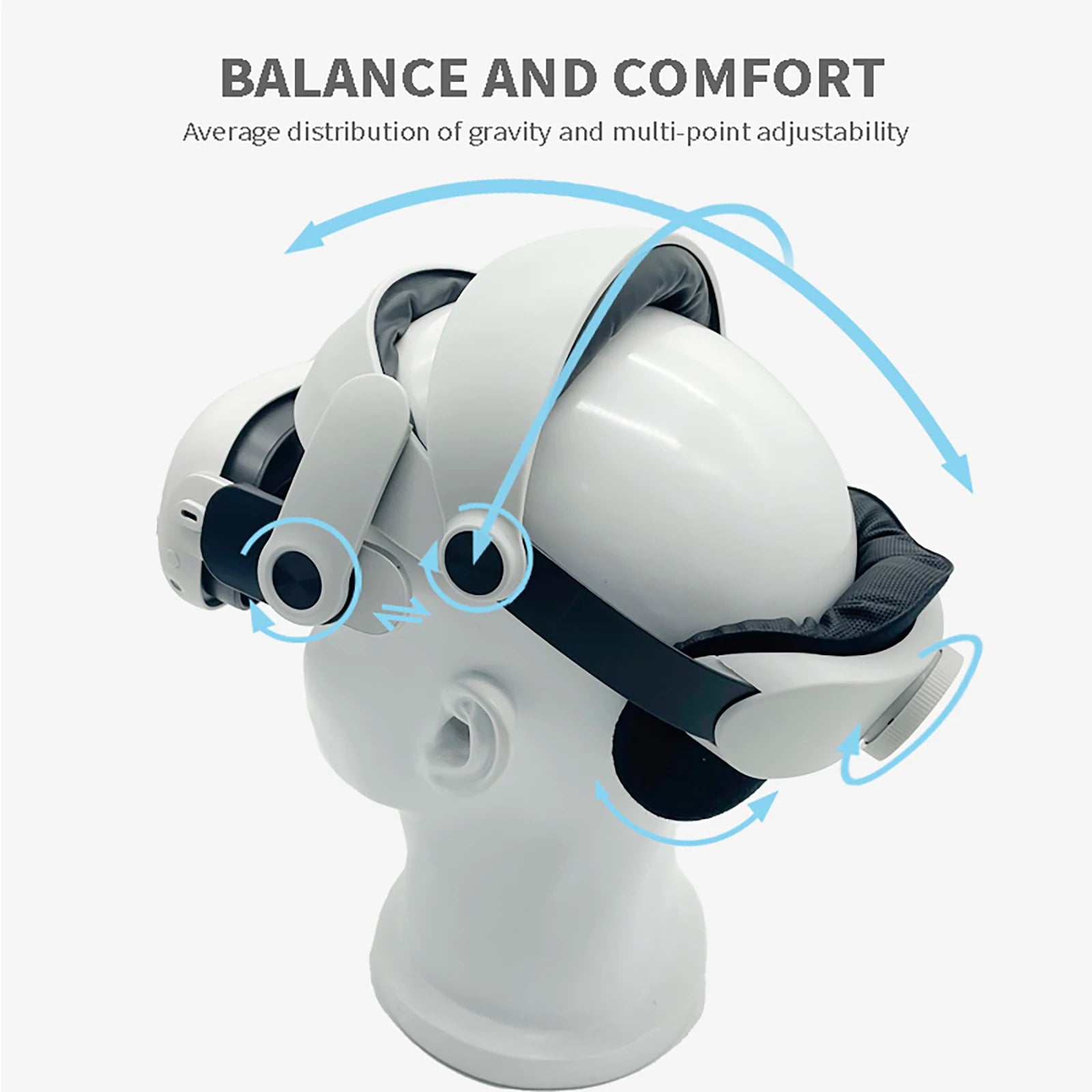 White adjustable VR halo strap on a mannequin head, featuring soft grey padding and ergonomic multi-point adjustment.