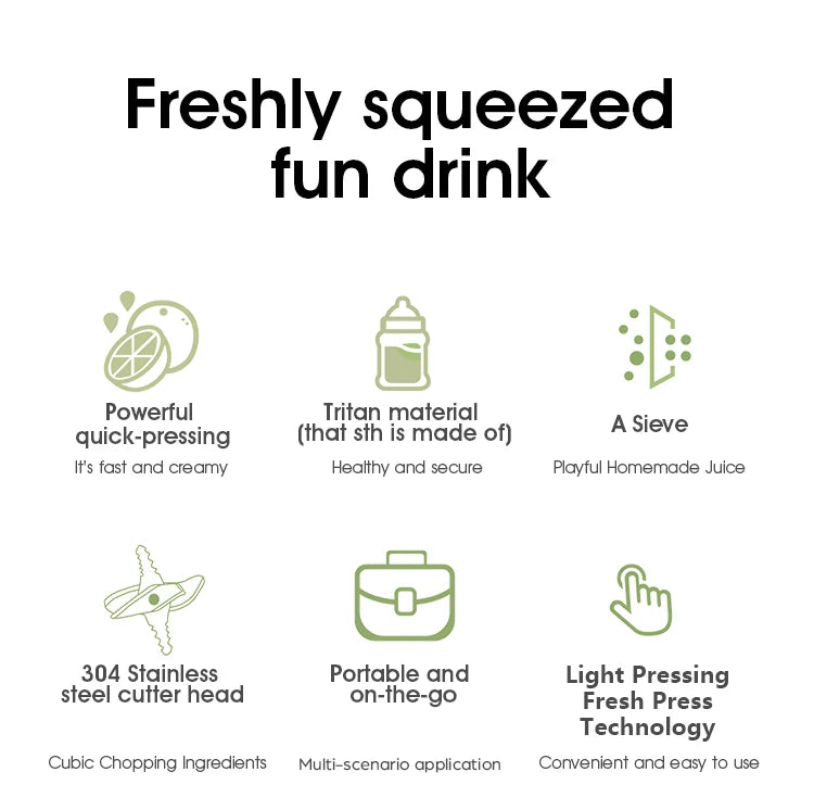 Infographic for a portable juicer, featuring sage green icons and text detailing its features and benefits.
