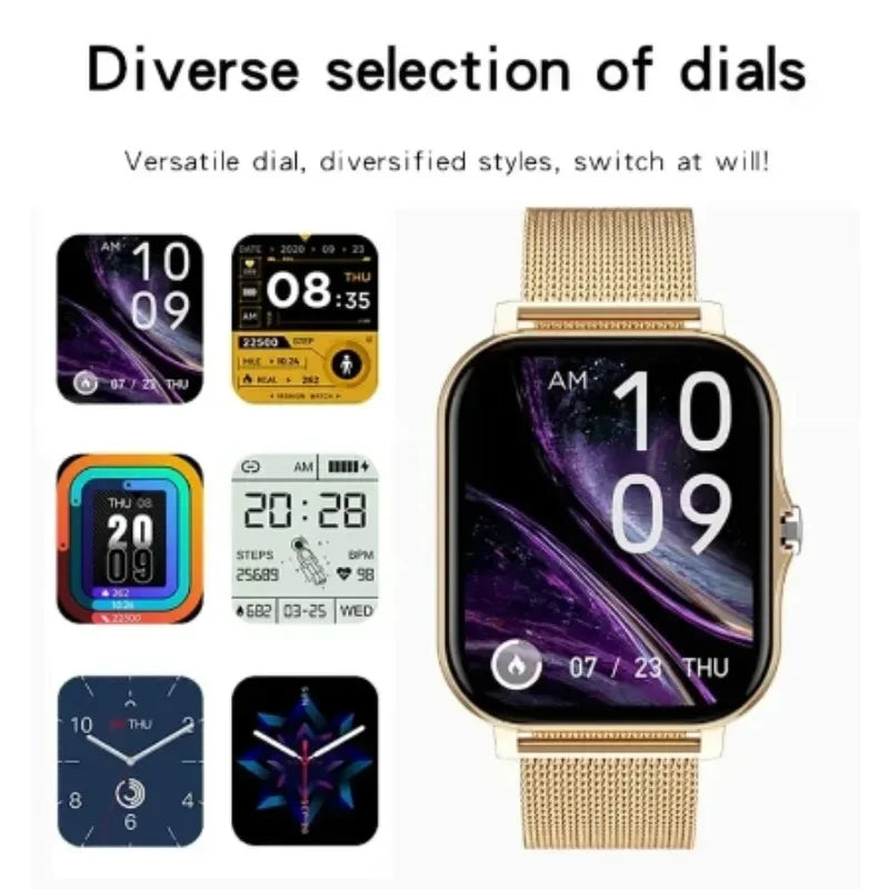 Gold smart watch with a metallic mesh strap and a 1.44-inch touch screen featuring customisable digital watch faces.