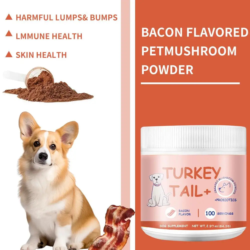 Bacon-flavored mushroom powder supplement for dogs, designed for immune, skin, and lump health in a 100-serving tub.