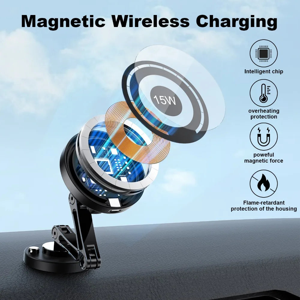 Black magnetic wireless car charger with an adjustable stand, 15W charging coil, and internal circuit view.