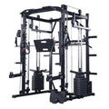 Black multi-functional Smith machine with weight stacks, cables, pull-up bar, and leg press plate.
