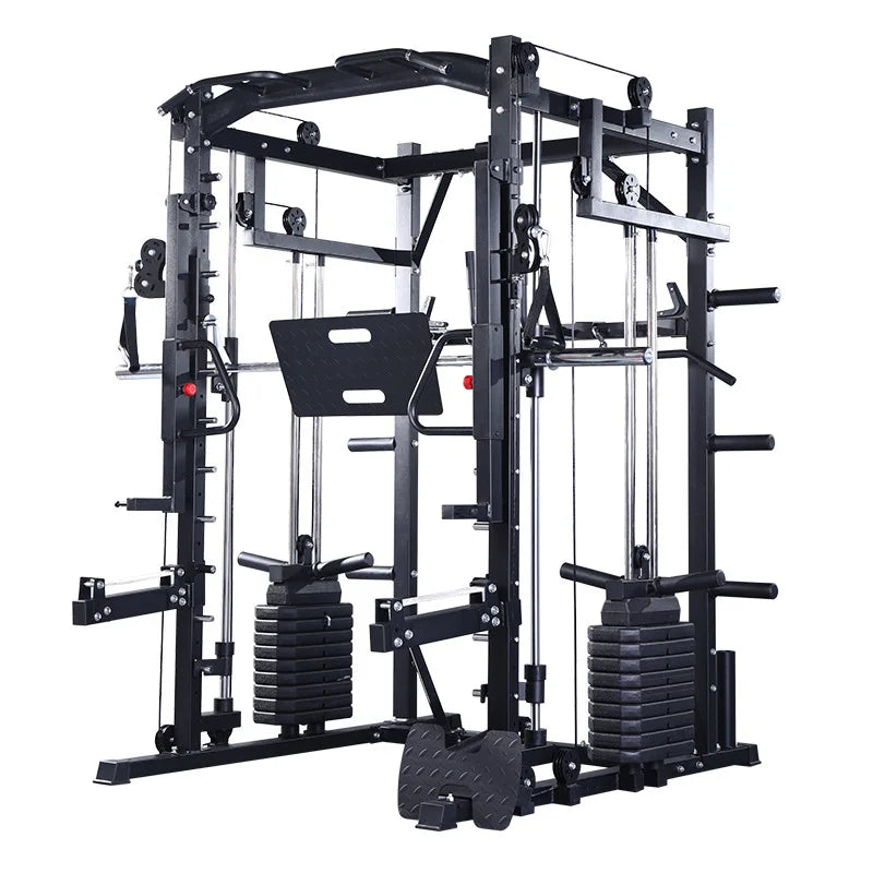 Black multi-functional Smith machine with weight stacks, cables, pull-up bar, and leg press plate.