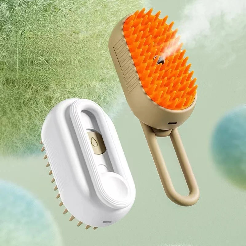 Electric steam scalp massage brushes in white and beige with orange silicone bristles, floating against a green background.
