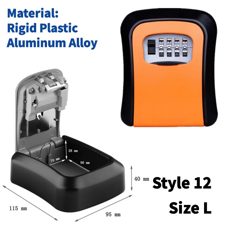 Orange and black wall-mounted key lock box with a 4-digit combination dial, shown open and closed with measurements.