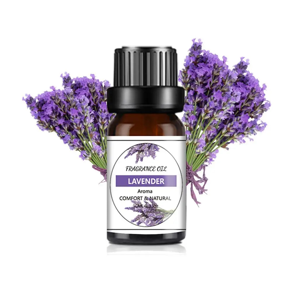 10ml amber glass bottle of lavender fragrance oil with black cap, set against fresh purple lavender sprigs.