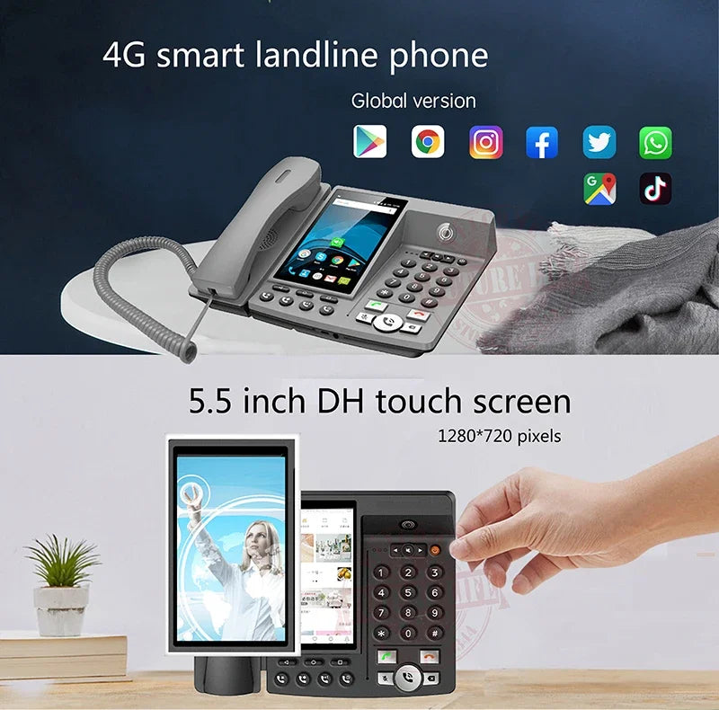 Grey 4G smart landline phone with a 5.5-inch touchscreen, numeric keypad, and built-in social media app support.