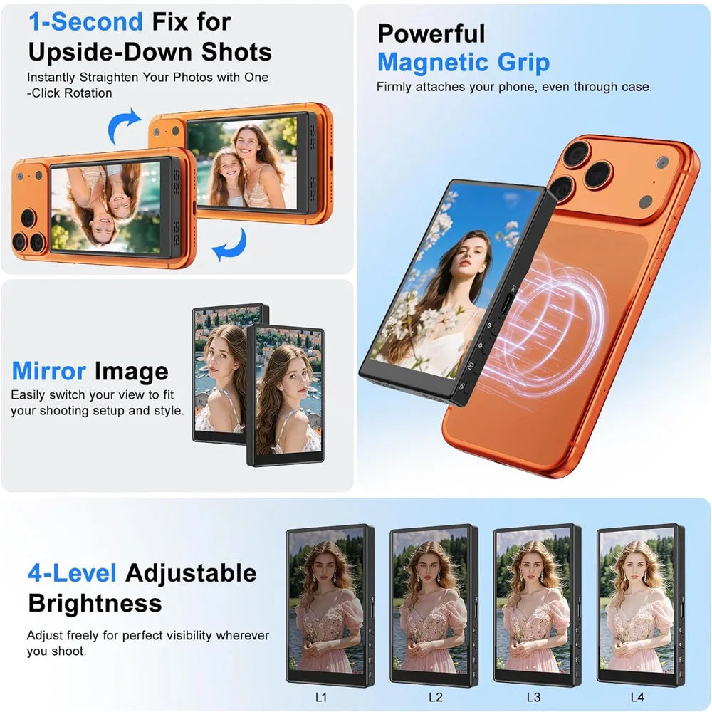 Orange magnetic smartphone camera monitor with screen rotation, mirror image, and four adjustable brightness levels.