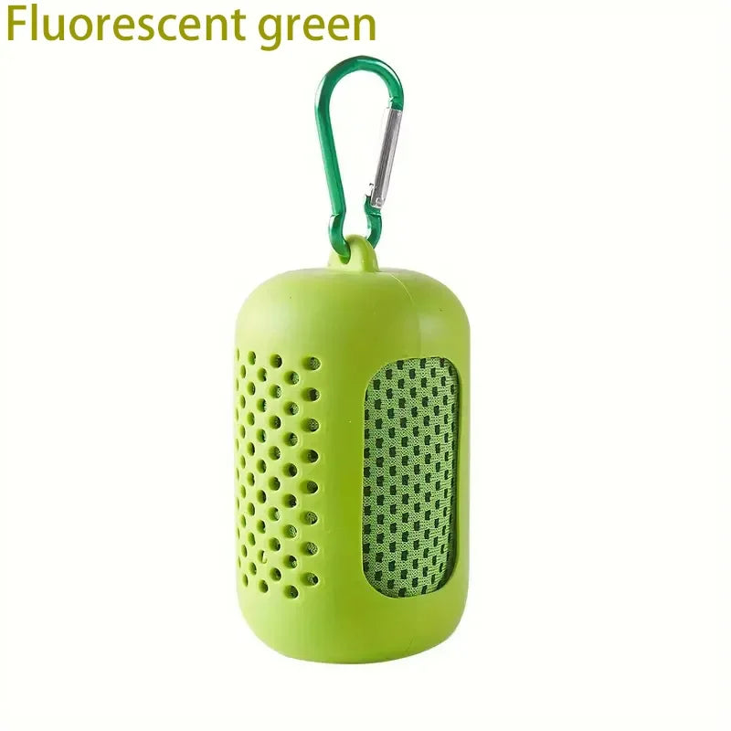 Fluorescent green storage case with a clip, containing a matching mesh sports towel.