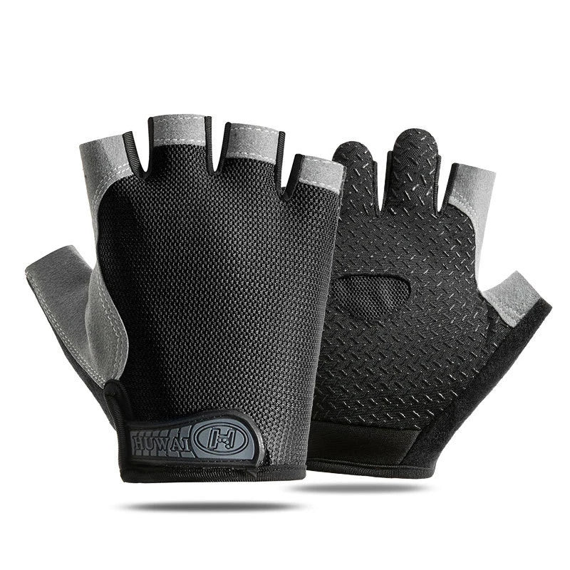 Black and grey fingerless cycling gloves with mesh fabric and textured grip palms, featuring a HUWAI branded strap.