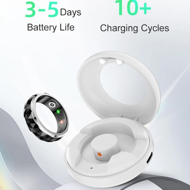 Black smart ring with textured finish next to a white charging case, displaying 3–5 days battery life.