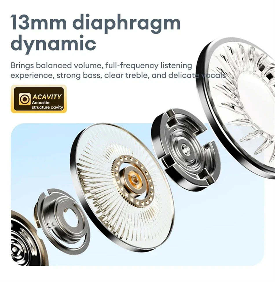 Exploded view of a 13mm silver metallic headphone speaker component showing its intricate internal acoustic structure.