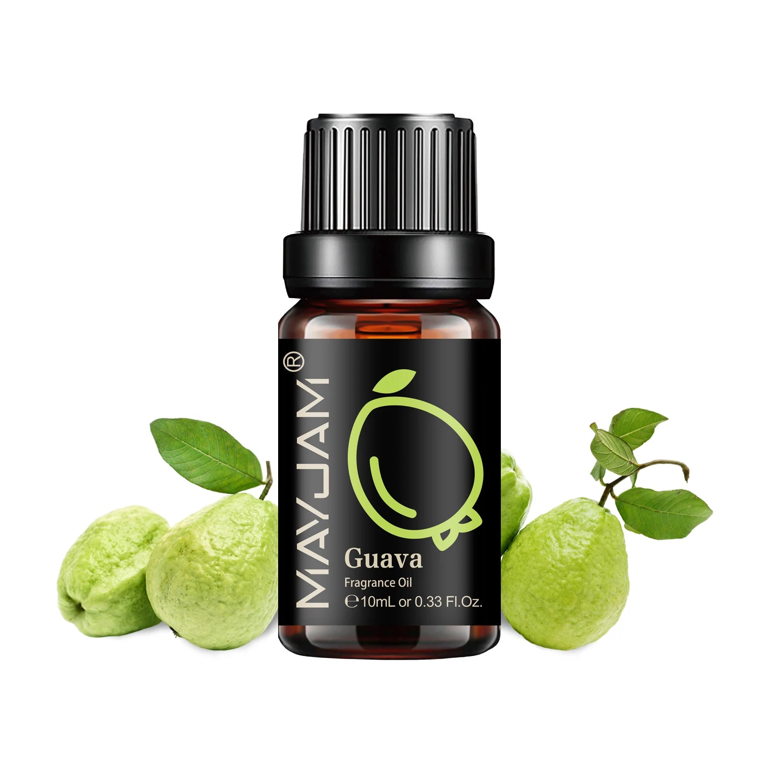 10ml amber glass bottle of Guava fragrance oil with a black cap, surrounded by fresh green guavas.