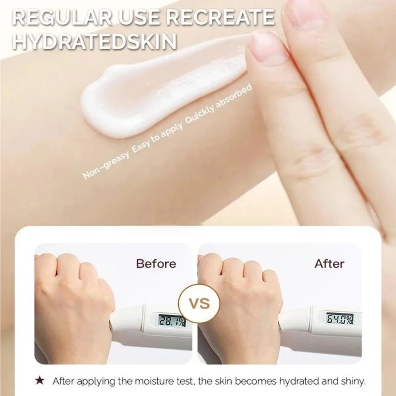 White, non-greasy skincare cream being applied to skin, showing before and after hydration moisture test results.
