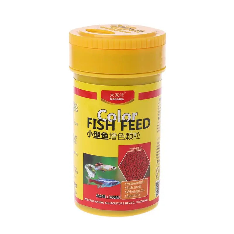 100ml pot of colour-enhancing tropical fish feed granules in a yellow container with images of small aquarium fish.