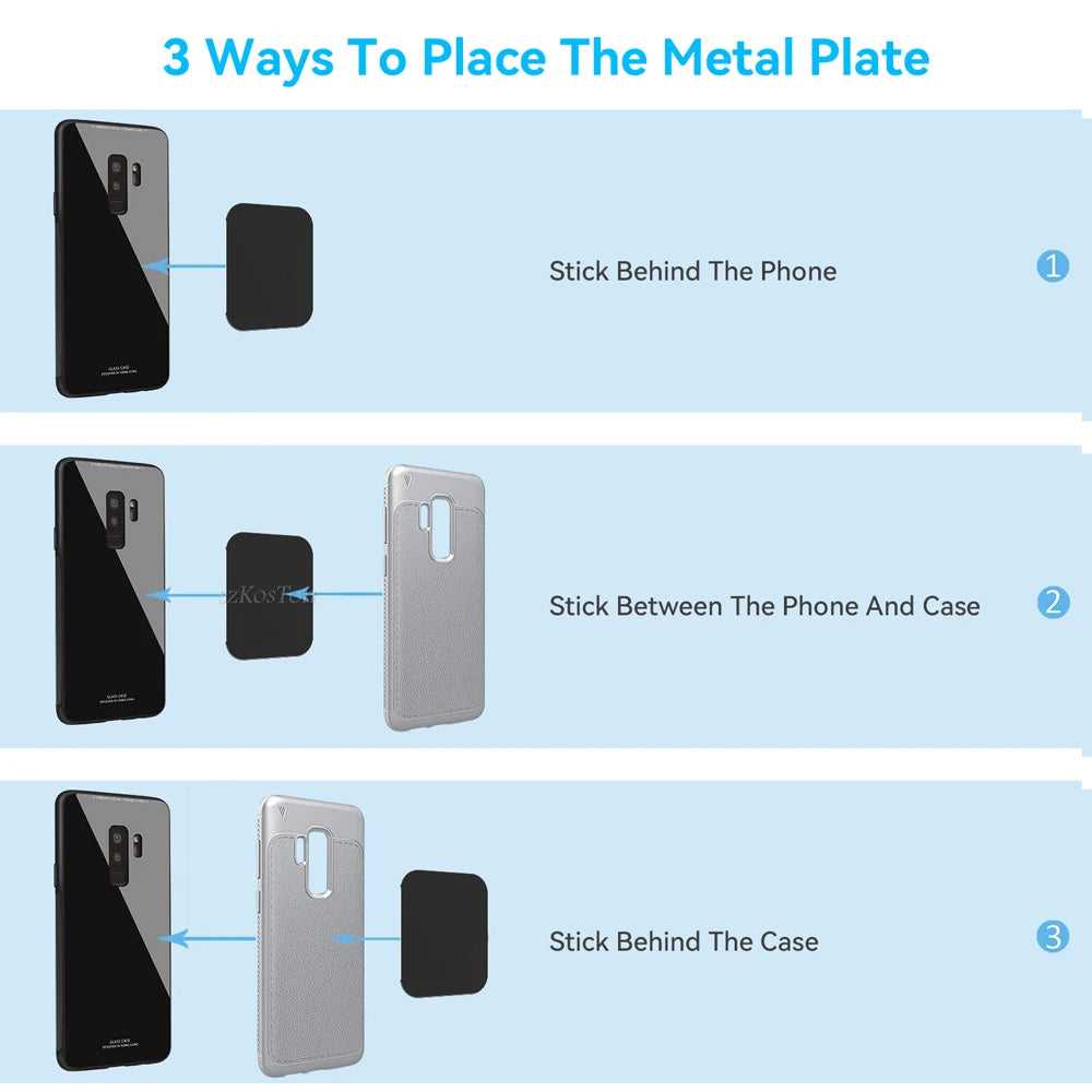 Diagram showing 3 ways to place a black metal plate on a smartphone with a black glass phone case.
