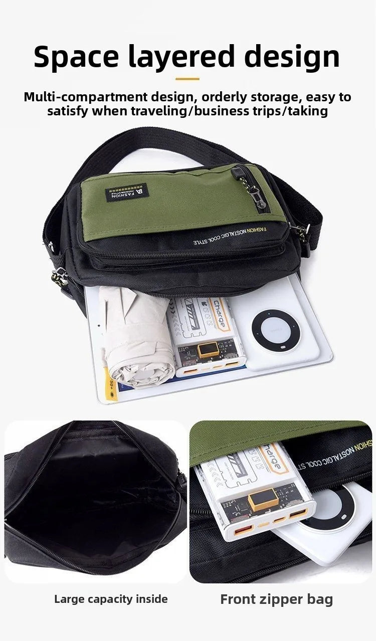 Olive green and black men's crossbody bag with multiple zipped compartments, organised storage, and adjustable strap.