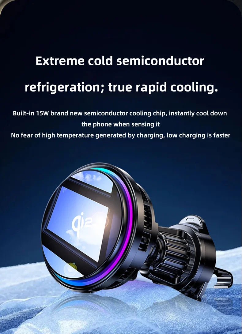 Black circular phone cooling fan with RGB light ring and built-in charger against an icy, blue background.