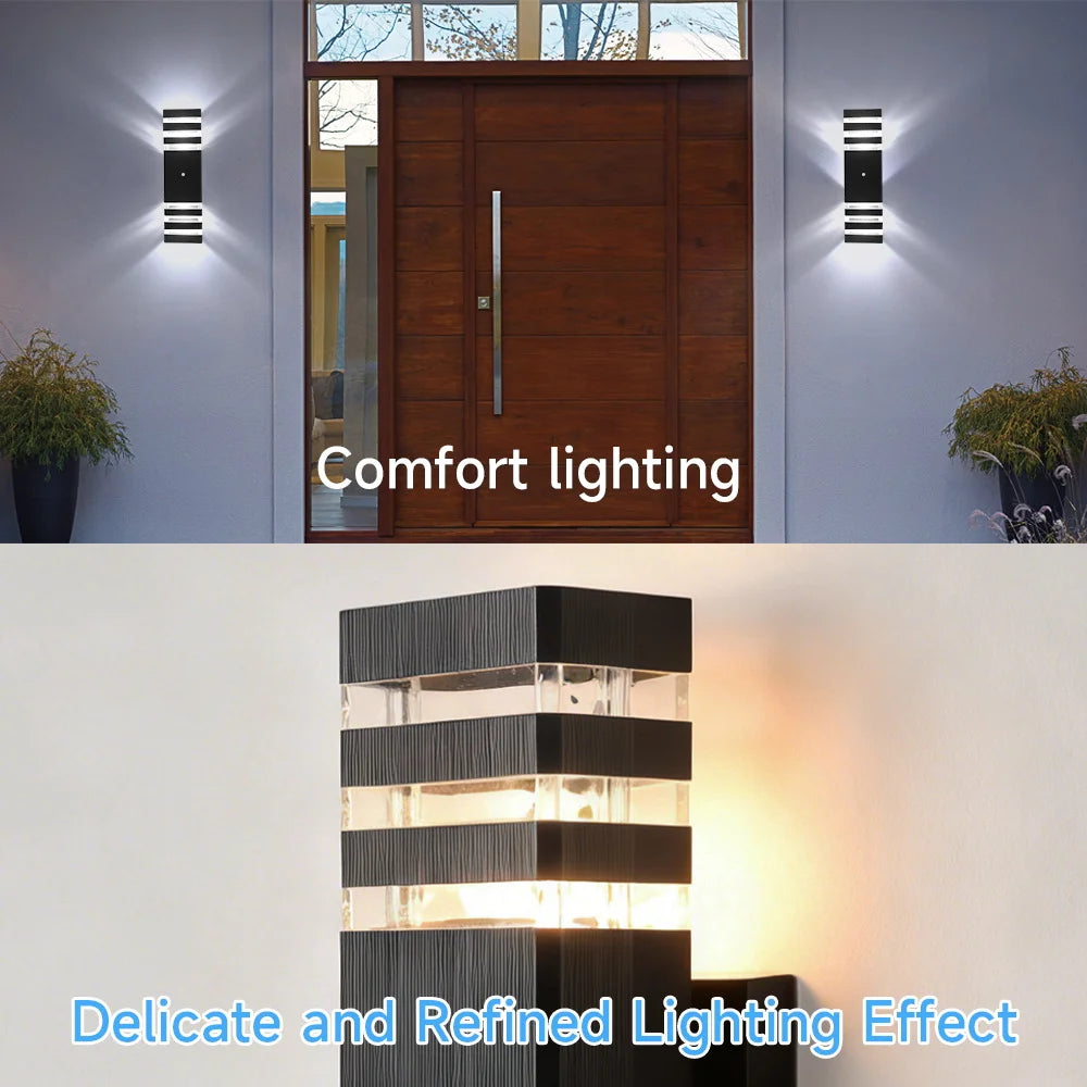 Modern black outdoor LED wall lights featuring a sleek, striped design with an upward and downward lighting effect.