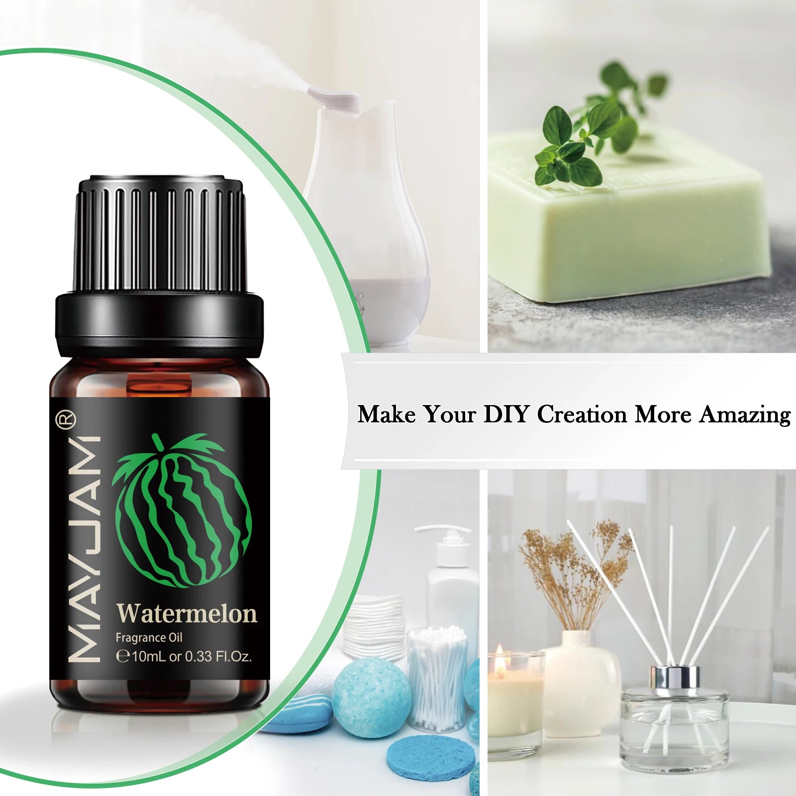 10ml bottle of watermelon fragrance oil, featuring a black label with a green watermelon graphic.