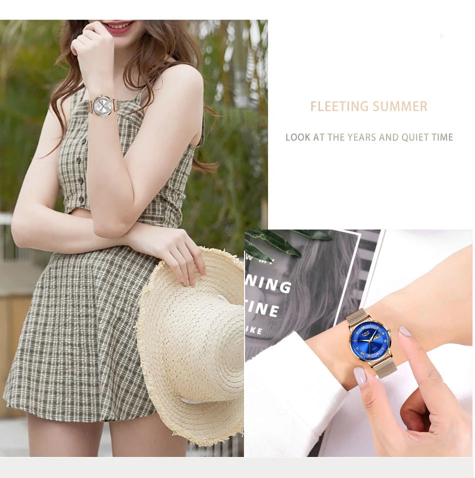 Elegant women's rose gold stainless steel mesh bracelet watch with a round blue dial and minimalist indices.