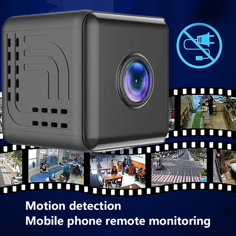 Small black wireless indoor security camera, featuring motion detection and mobile remote monitoring.