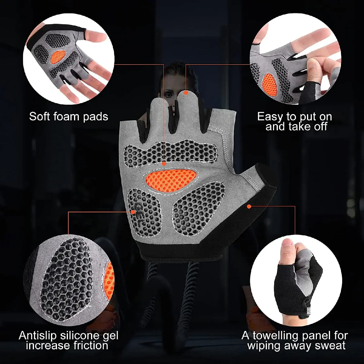 Grey and black fingerless gym gloves with orange padded mesh, anti-slip silicone, and a sweat-wiping towel panel.
