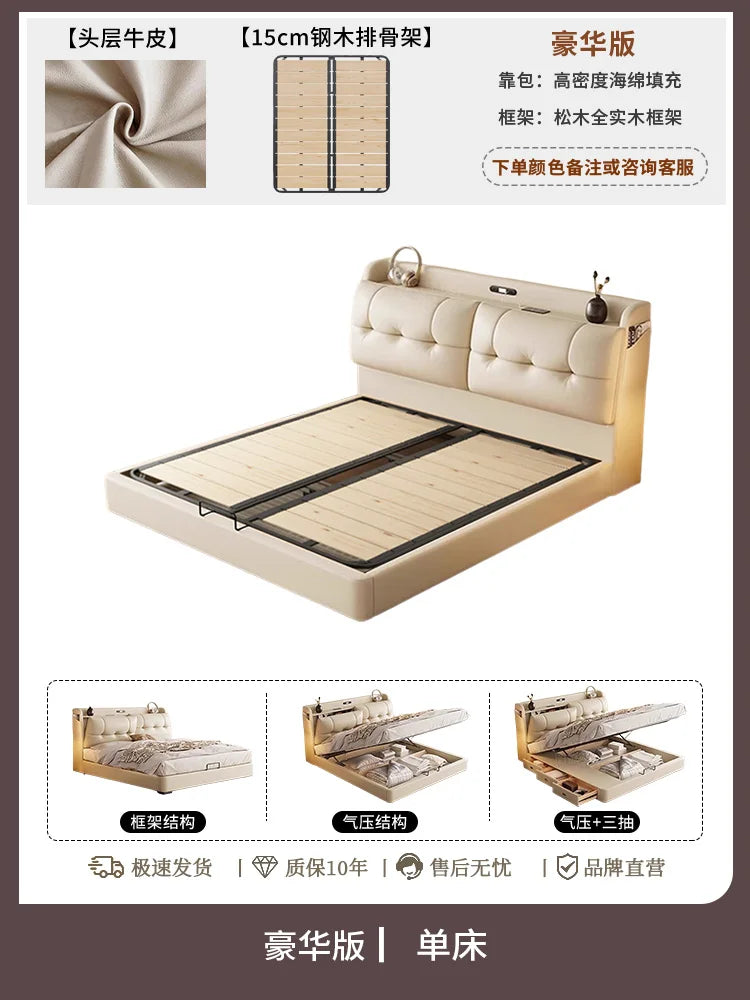 Modern cream leather bed frame with tufted headboard, wooden slats, and integrated under-bed storage drawers.