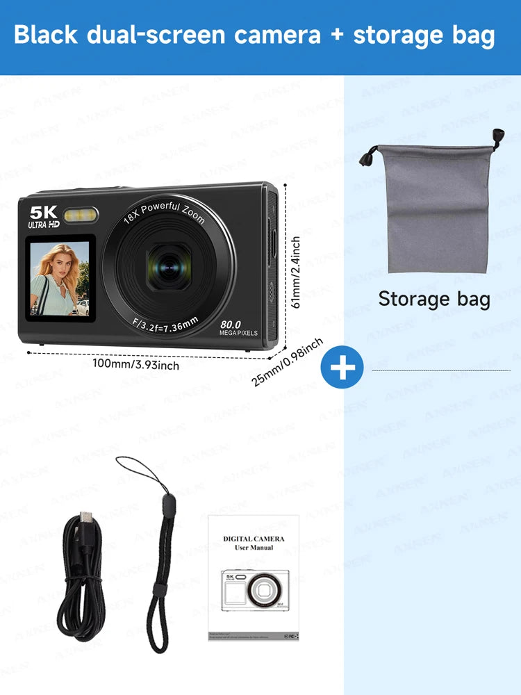 Black digital dual-screen camera with 18x zoom, storage bag, charging cable, and user manual.