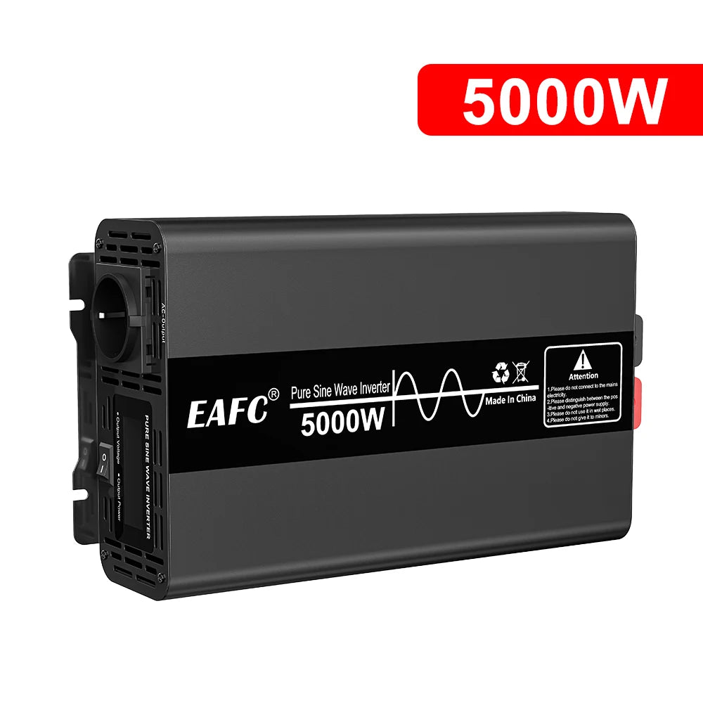 Black 5000W pure sine wave power inverter with AC output socket, power switch and safety warning label.