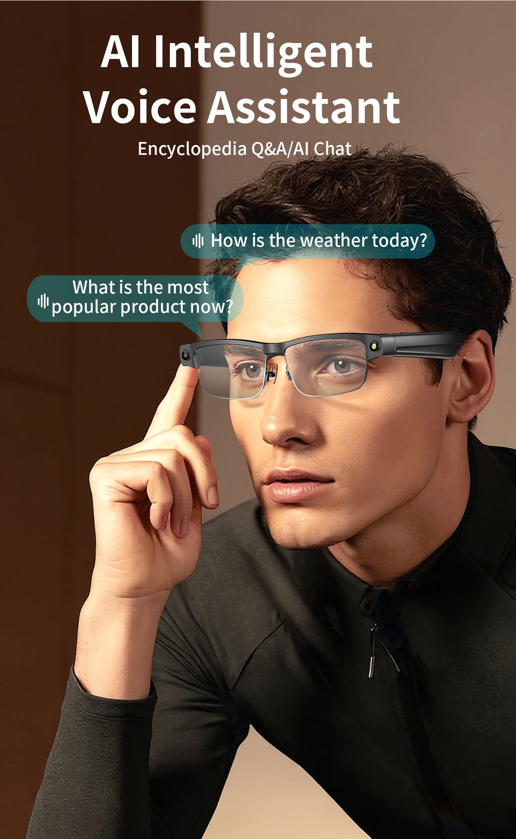 Man wearing sleek black AI smart glasses with built-in camera, featuring voice assistant and real-time interaction.