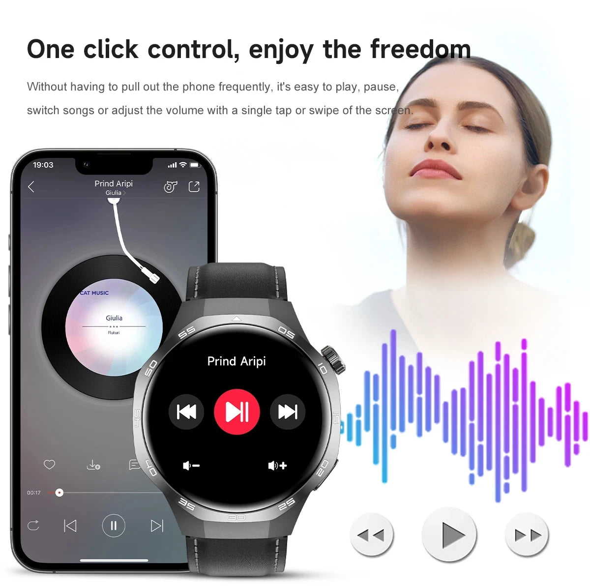 A black smartwatch with a sleek, round HD display showing music controls, paired with a smartphone and sound wave graphic.