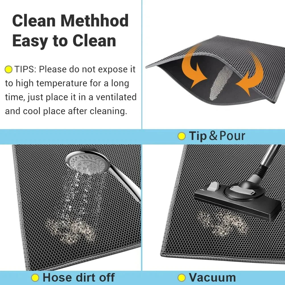 Grey, double-layered waterproof cat litter mat showing easy cleaning methods including pouring, hosing, and vacuuming.