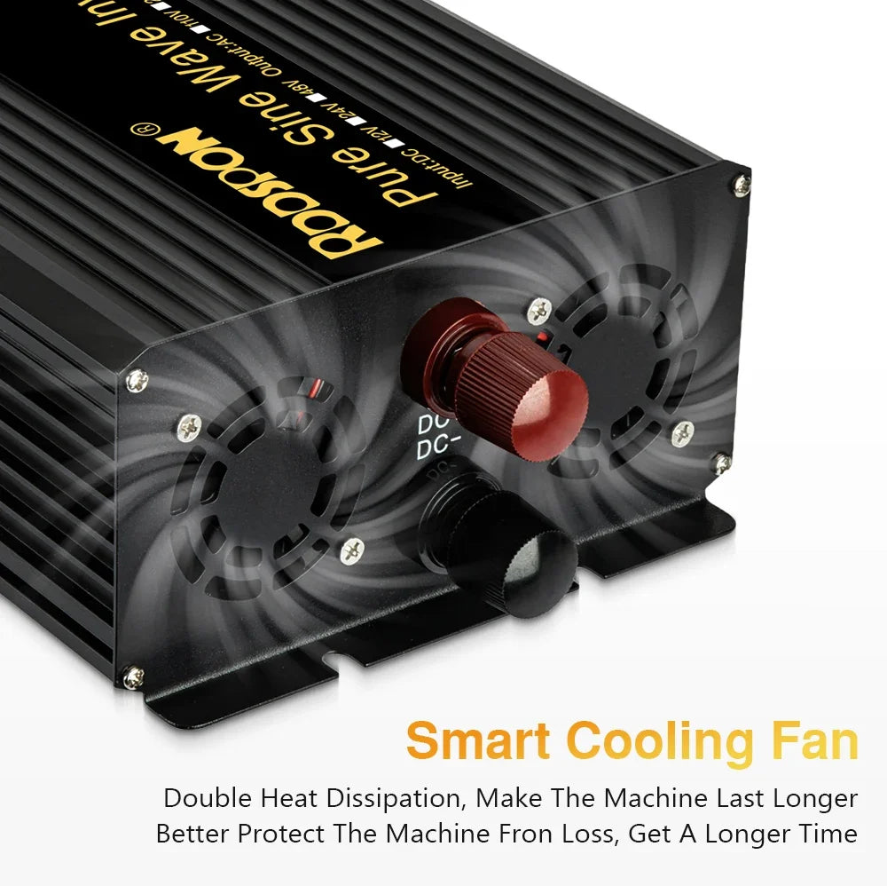 Black 4000W-6000W pure sine wave power inverter with dual smart cooling fans and red and black DC input terminals.