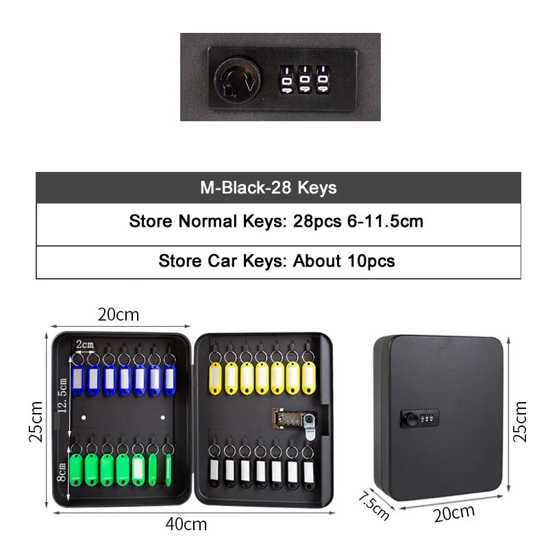 Black metal key cabinet with 3-digit combination lock, holding 28 keys, measuring 25cm x 20cm x 7.5cm.