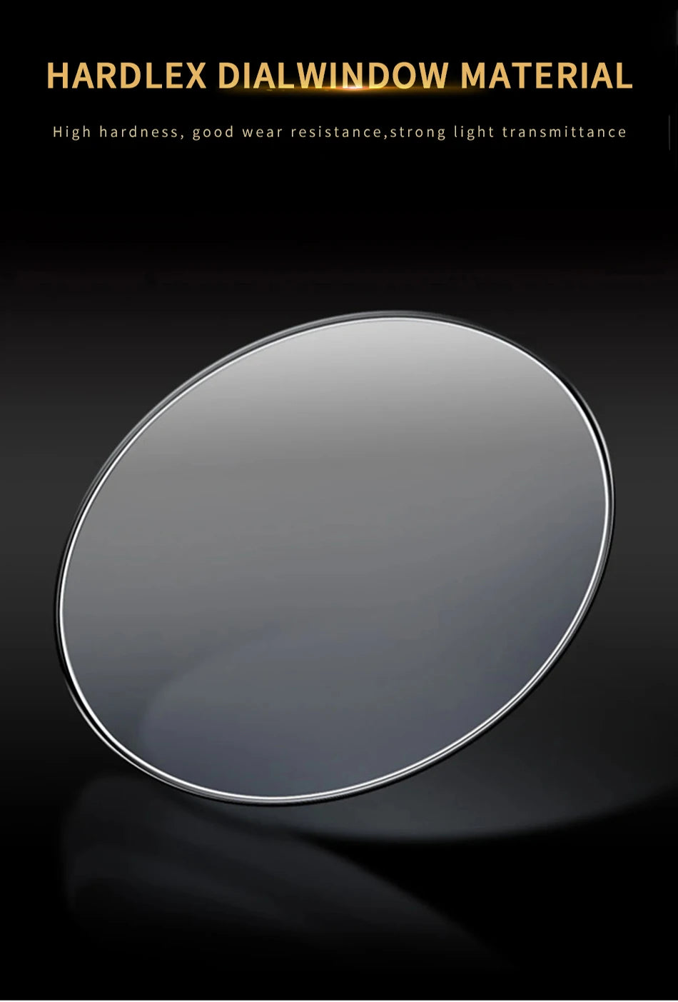Clear, scratch-resistant circular watch crystal against a dark background.