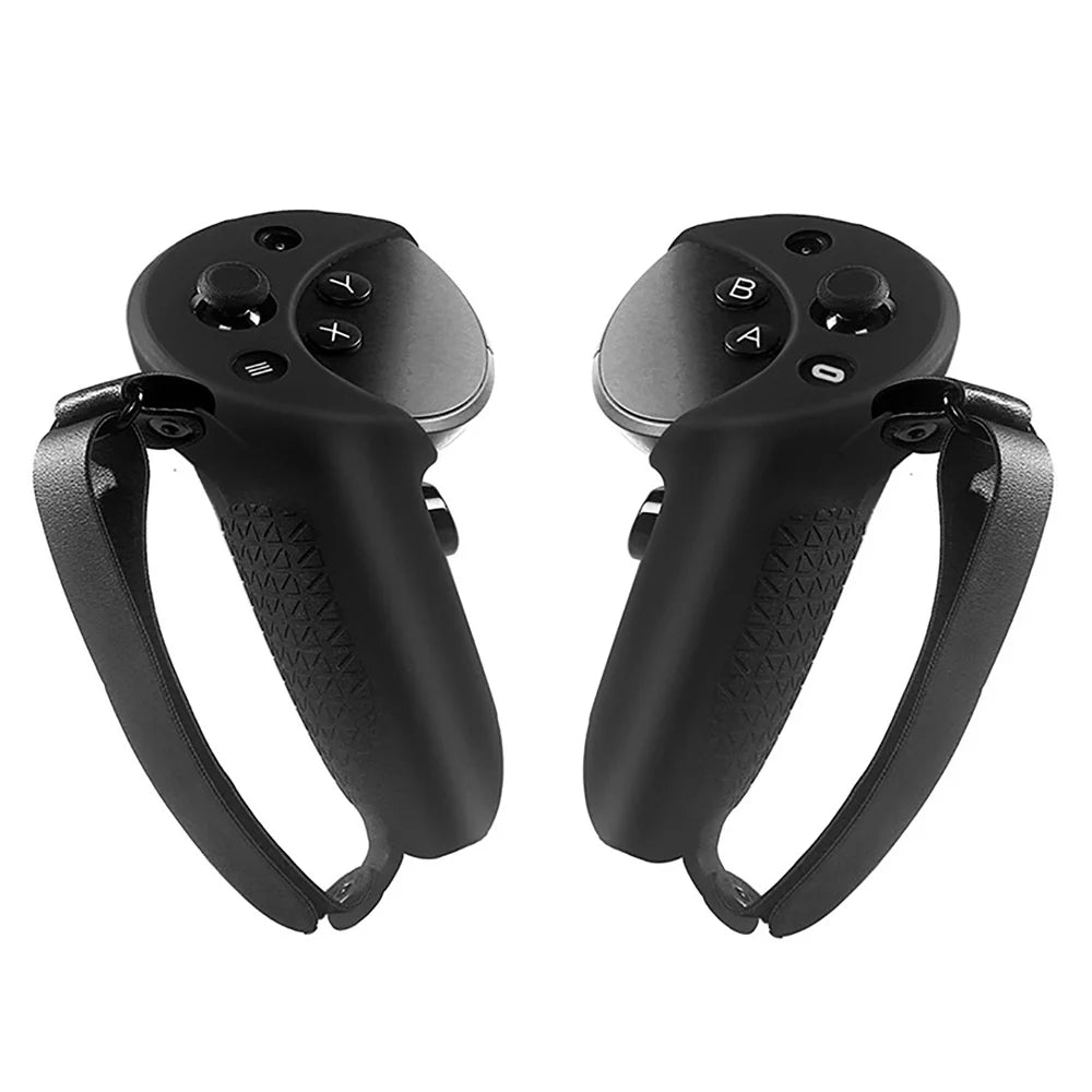 Black silicone VR controller grip covers with textured handles and adjustable anti-throw hand straps.