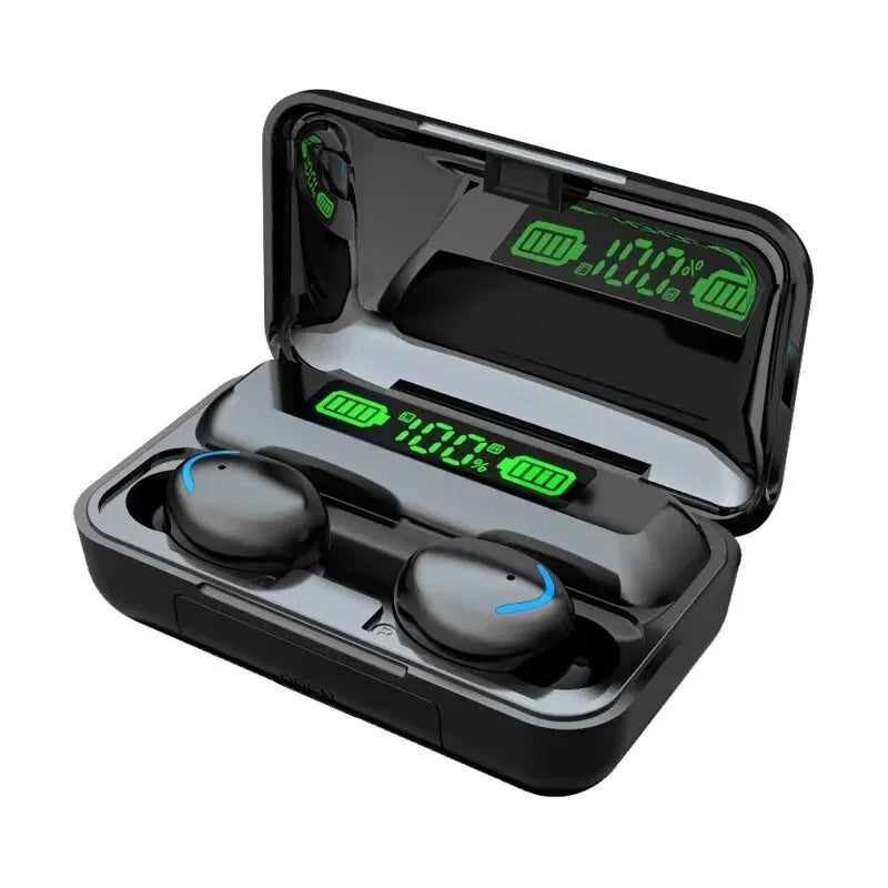 Black wireless earbuds in an open charging case with a digital green LED battery percentage display.