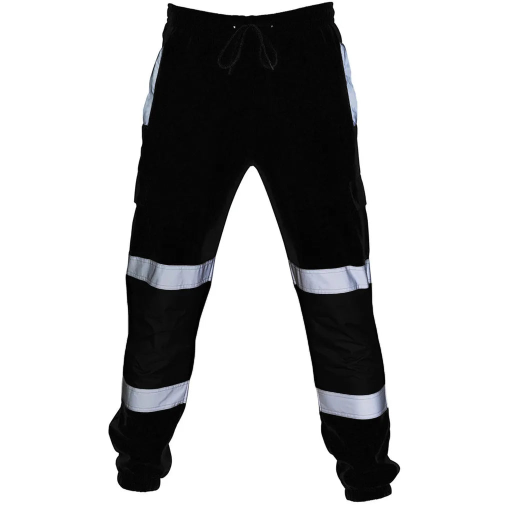 Black men's high-visibility work joggers with reflective strips on the legs, an elasticated waist, and drawstring.