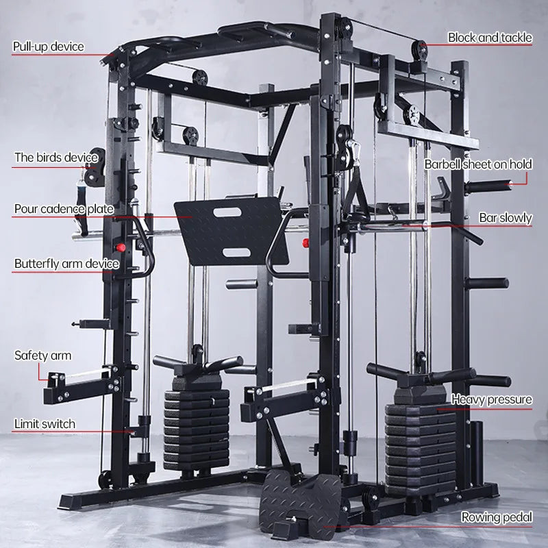 Black multi-functional Smith machine with weight stacks, pull-up bar, cables, and safety arms labeled.