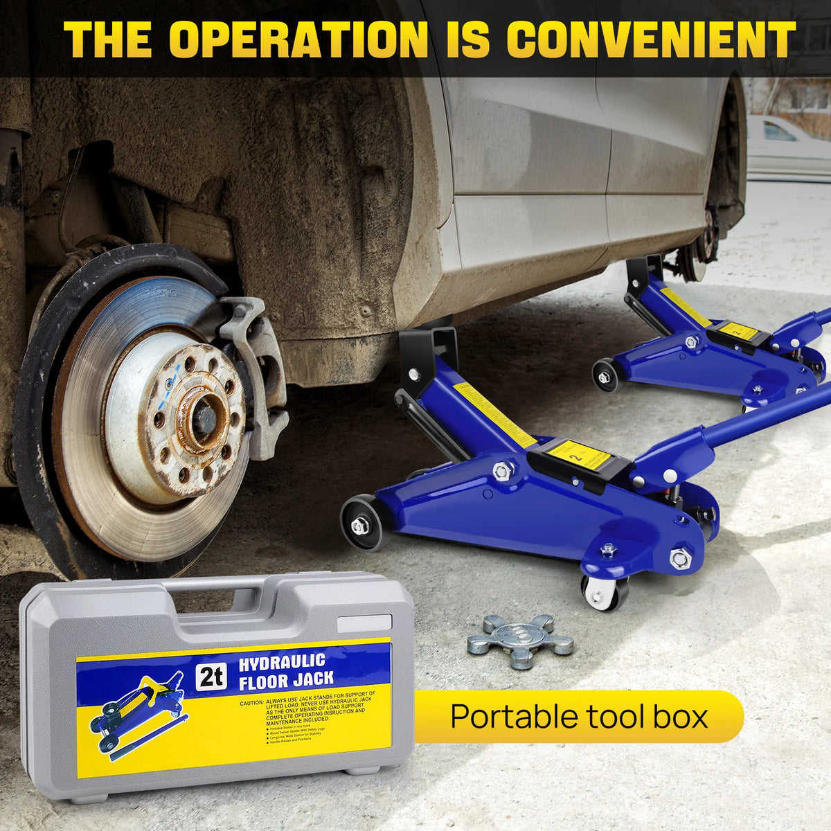 Blue hydraulic steel floor jacks lifting a car, with casters and a grey portable tool box.