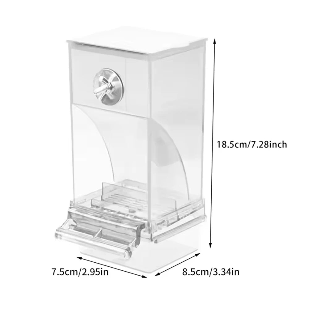 Clear acrylic dry food dispenser with a knob and dispensing tray, featuring height and width dimensions.