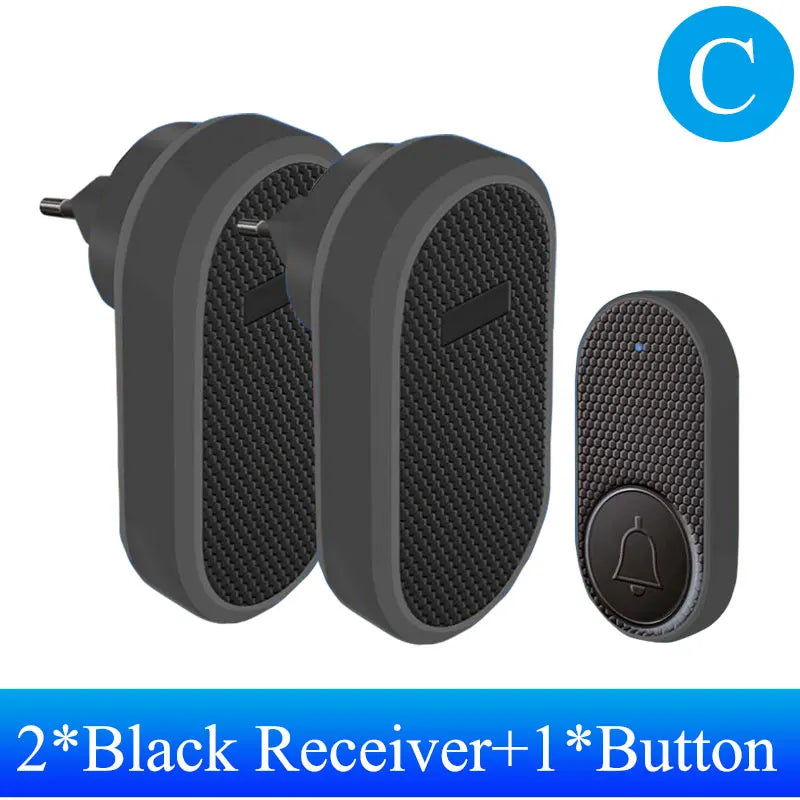 Two black plug-in doorbell receivers and one matching wireless push button, featuring a textured honeycomb design.