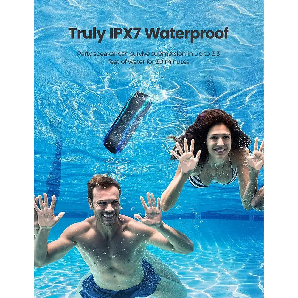 Black portable Bluetooth speaker with LED lights floating underwater in a swimming pool with a man and woman smiling.