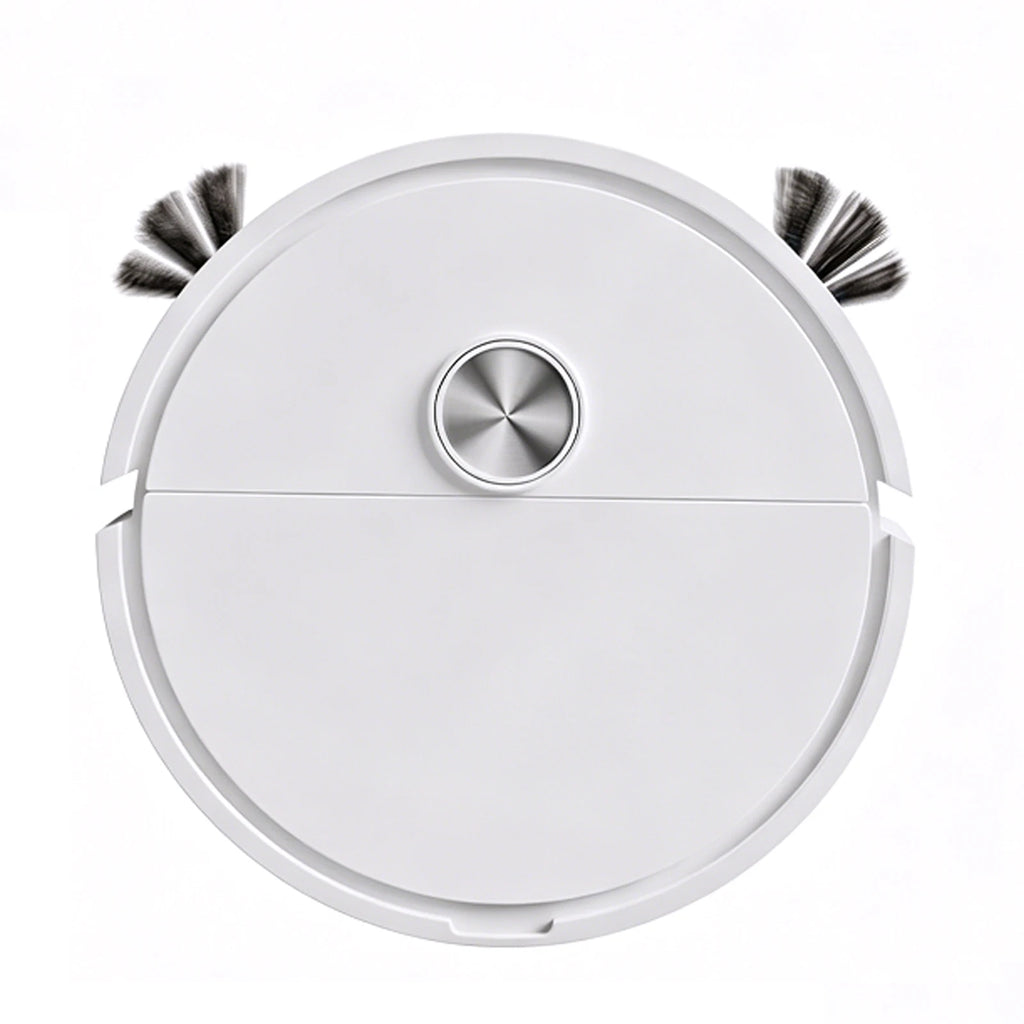 A top-down view of a white robotic vacuum cleaner with two side brushes and a silver circular button.