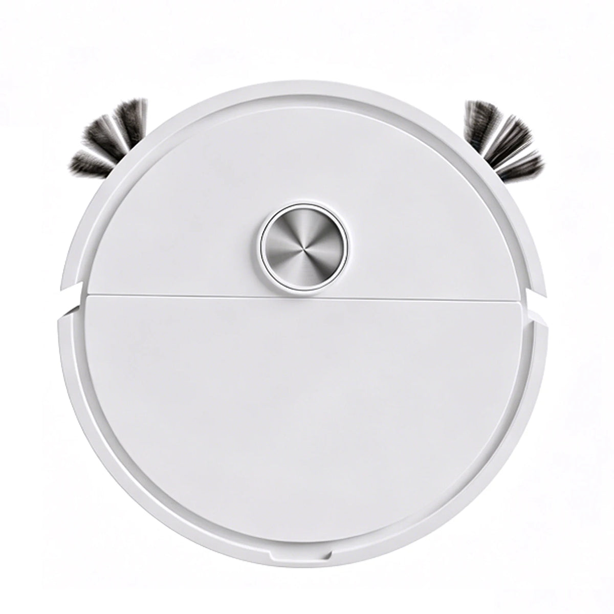 A top-down view of a white robotic vacuum cleaner with two side brushes and a silver circular button.