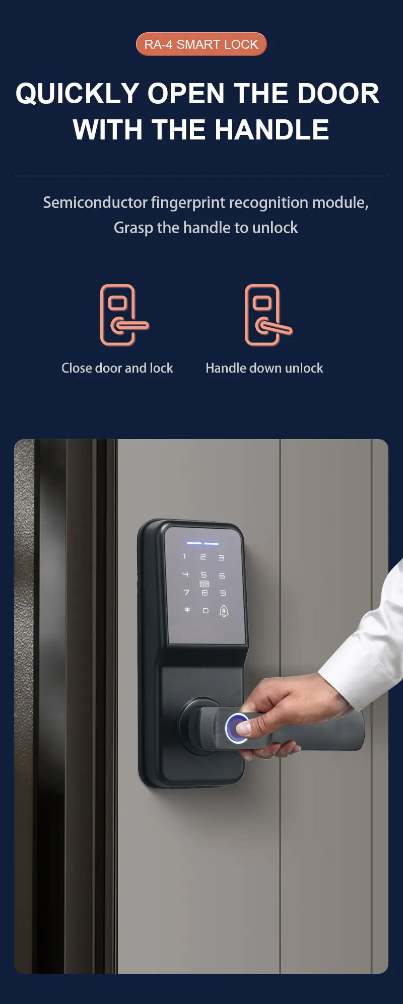 Black smart door lock with a digital keypad and a handle featuring a fingerprint scanner.