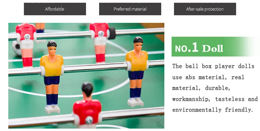 Durable ABS plastic foosball player figures in yellow and red jerseys on silver metal rods on a green table pitch.