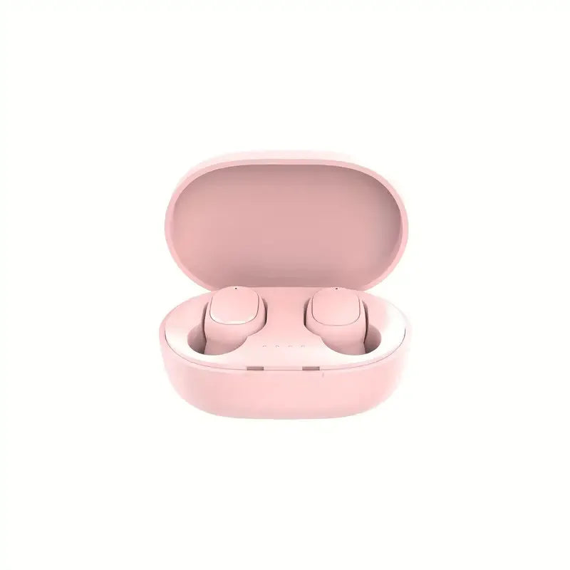 Pastel pink wireless earbuds inside an open matching charging case.